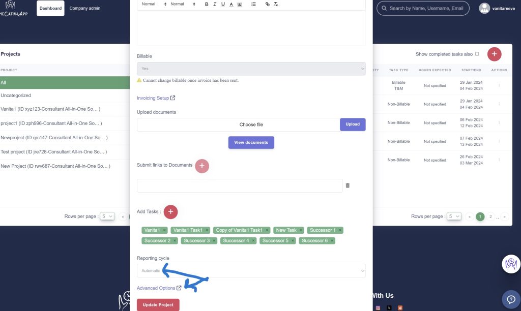 Time report option on project dialog