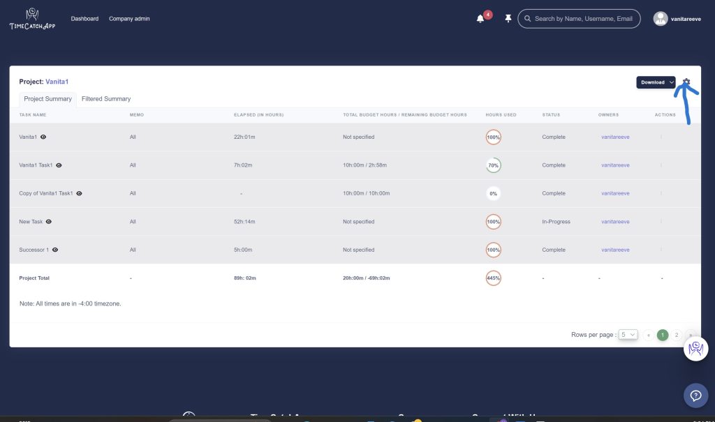 Project time report with time for each task displayed