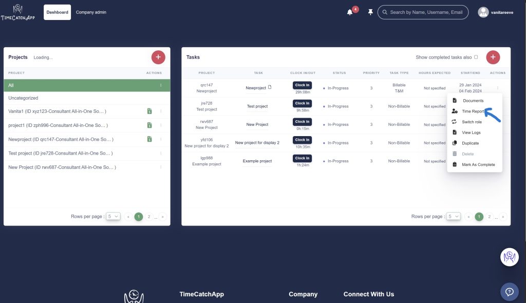 Time report menu from dashboard