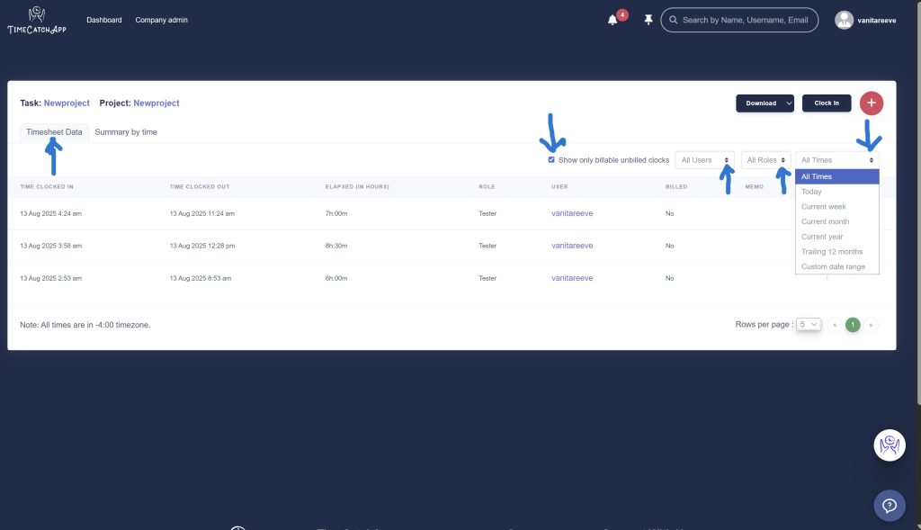 Filtering options for task timesheet data