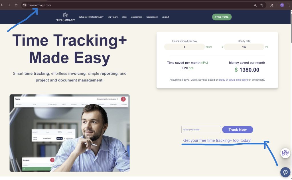 TimeCatchApp home page with signup button