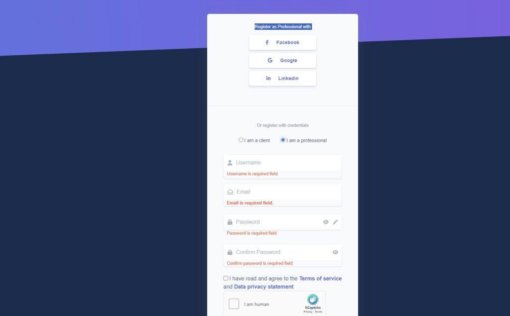 Account creation screen