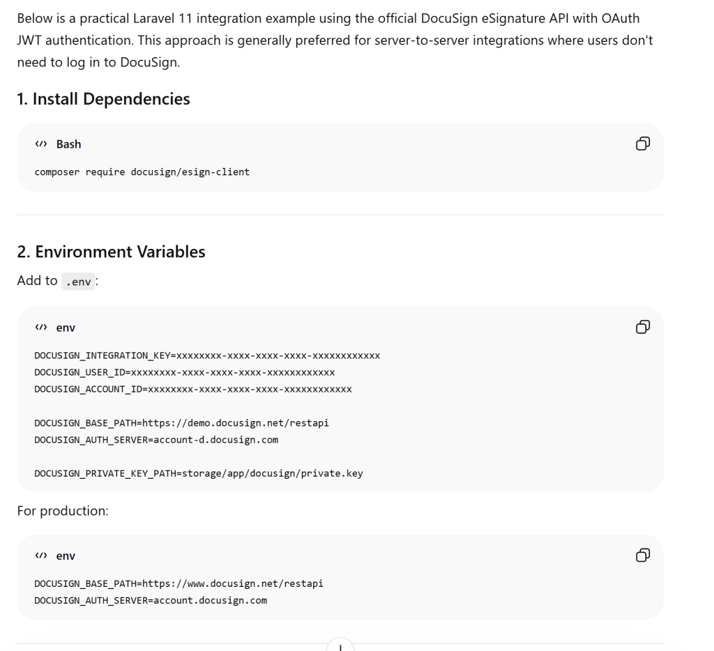 Screenshot of ChatGPT code to integrate DocuSign.