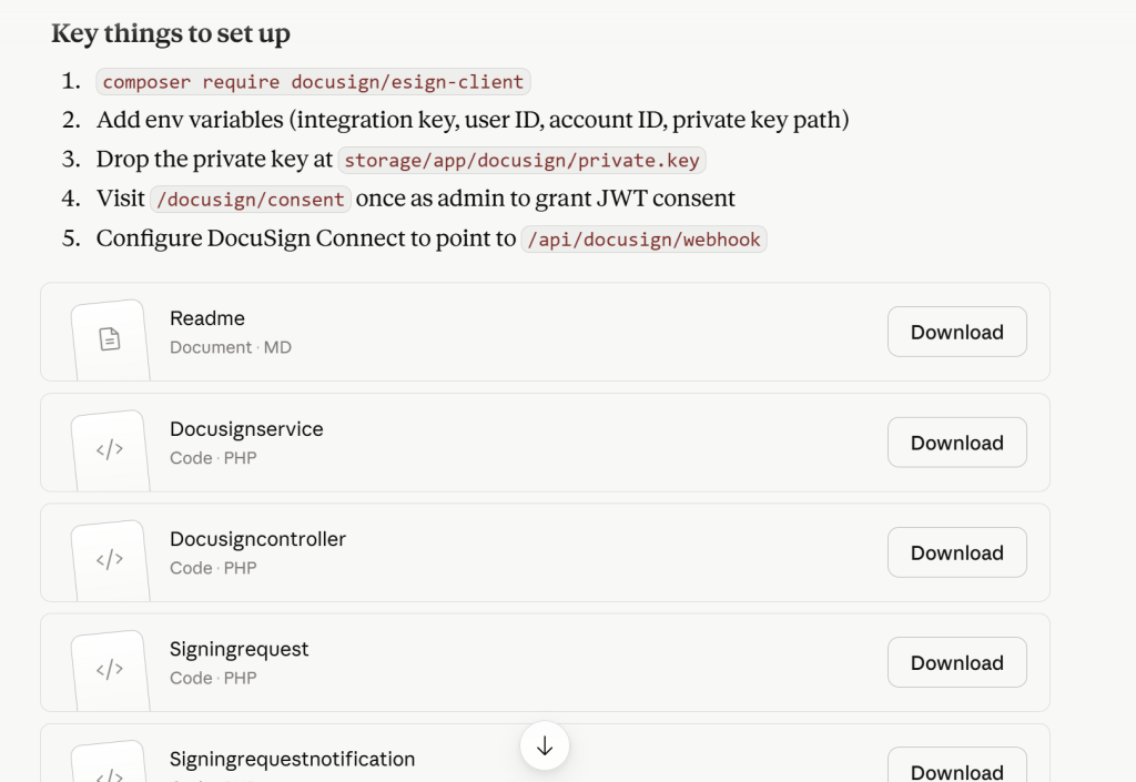 Screen shot from Claude produce code to integrate DocuSign.