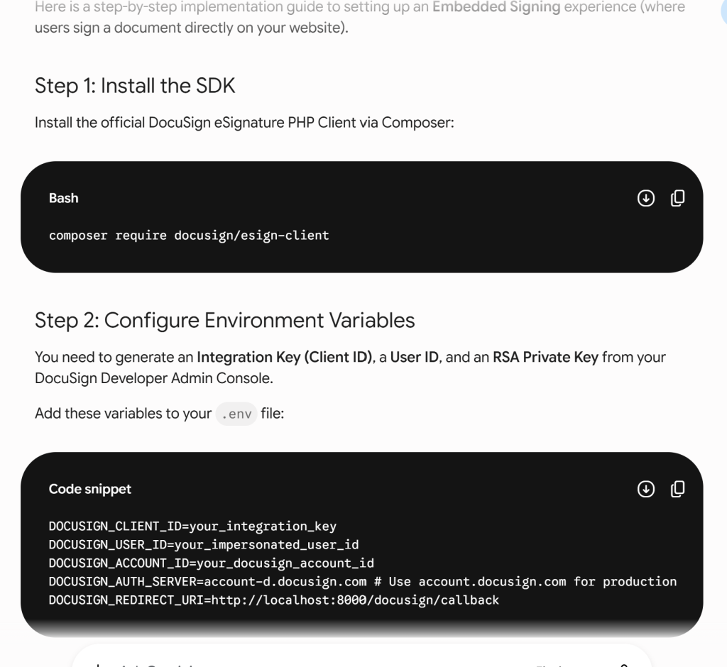 Screen shot of Gemini code production to integrate DocuSign.