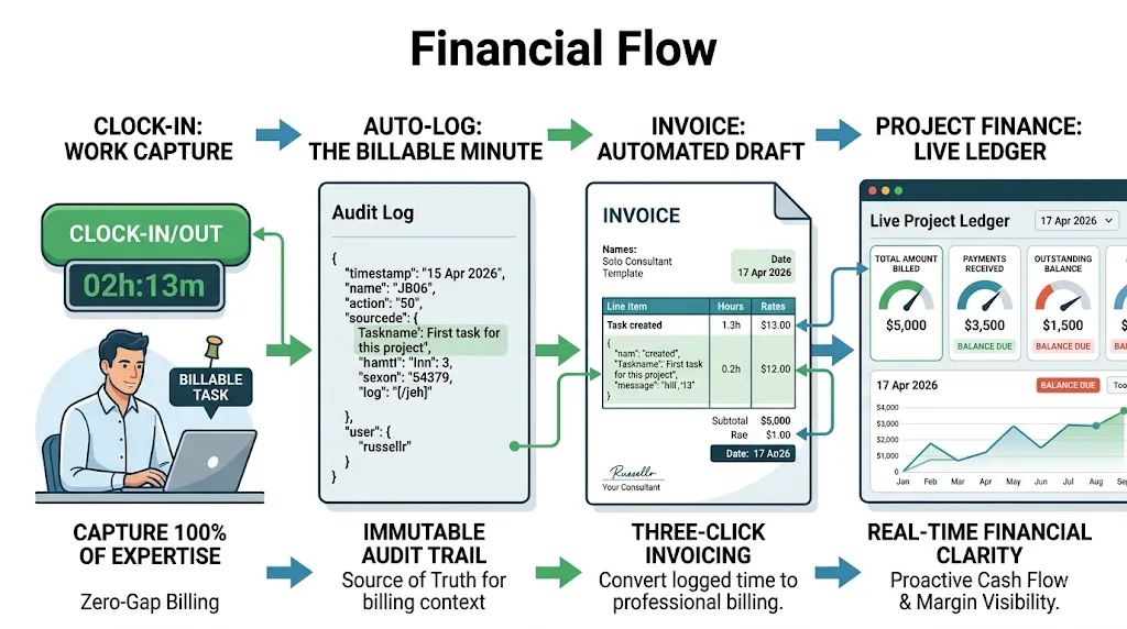 Process of using integrated invoicing software, from tracked time to a completed, paid invoice