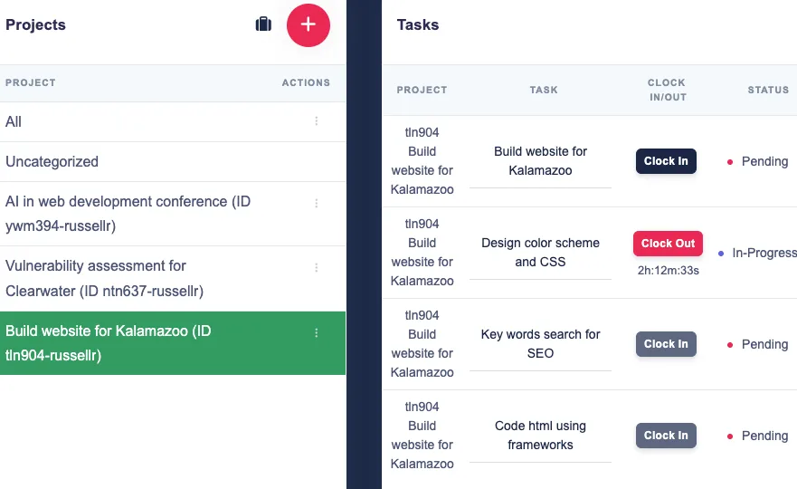TimeCatchApp time tracking screenshot showing active timer linked to project and task, with real-time budget visibility and billable versus non-billable hour breakdown