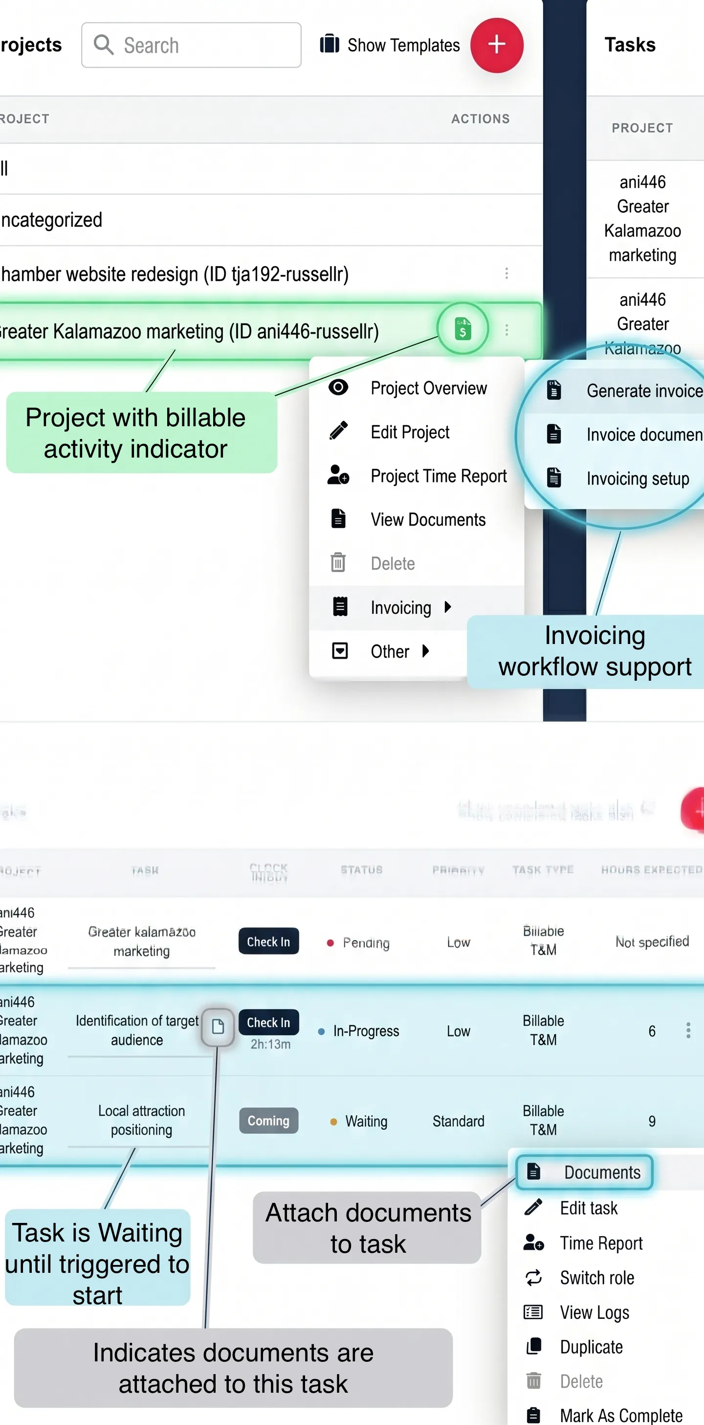 TimeCatchApp workflow screenshot showing project list with billable activity indicator, invoicing workflow support, task documents attachment, and waiting task triggers