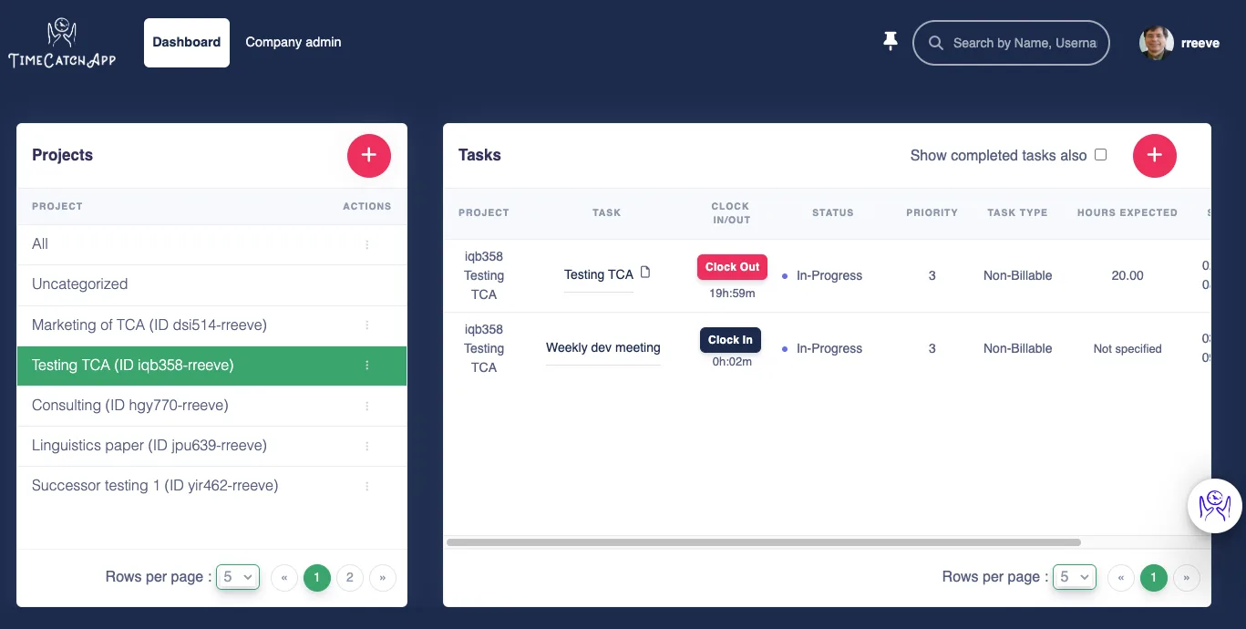 TimeCatchApp dashboard overview